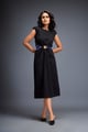 Gathered Waist Dress with Bold Contrast Belt Black color