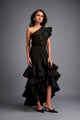 One-Shoulder Swarovski Tiered Ruffle Dress Black color
