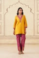 Yellow Hand Embroidered Chanderi Shirt with Brocade Pants Yellow color