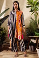 Multi Color Stripe Cotton Silk Print Abstract Collared Neck Long Shirt with Pant Black/Orange color