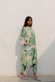 Oriental Cranes and Frogs Kurta Set Green/Beige color