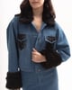 Denim Faux Fur Jacket with Sequin Pockets Sky Blue color