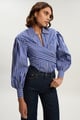 Stripe Cotton Poplin Drama Sleeve Woven Wrap Detail Blouse Blue color