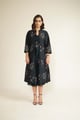 Indigo V-Neck Printed Dress with Printed Quilted Jacket with Hand Embroidery Details Indigo color