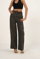 100% Linen Drawstring Straight Pants Dark Green color
