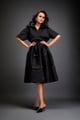 Collared Midi Dress with Belted Waist and Layered Floral Skirt Black color