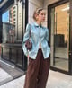 Celadon Blue Pearl-Trim Shiny Collared Blouse - SISTER JANE - Image 1