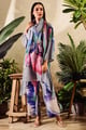 Viscose Crepe Print Floral Bloom Asymmetric Contrast Tunic and Pant Set Grey color