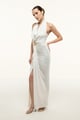 White Halter Draped Column Dress with Gold Trim White color