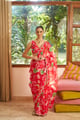 Red Rosella Bloom Satin Organza Saree Red color