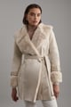 Faux Shearling Collar & Cuff Belted Short Coat Ivory color
