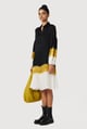 Band Collar Shirt-Dress with Pleated Sleeves Black/Ochre color