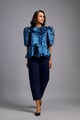 Textured Navy Blue Shimmer Top with Sculptural Shoulders and Cropped Pants Navy Blue color