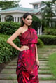 Red Wine One Shoulder Flower Print Dress with Adjustable Gathers Maroon/Pink color