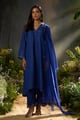 Mazarine Blue Zari Woven Checkard Silk Kurta Set Blue color