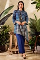 Cotton Silk Print Geometric Round Collar Tunic with Pant Blue color