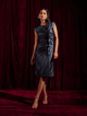 Metallic Blue Side Gathered Midi Dress with Ruffle Detail Blue color