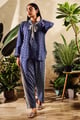 Cotton Silk Print Geometric Tie-up Collar Abstract Shirt with Pant Blue color