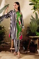 Multi Color Stripe Cotton Silk Print Abstract Collared Neck Long Shirt with Pant Black/Green color