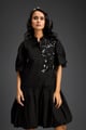 Black 3d Floral Embellished Puff Sleeve Dress Black color