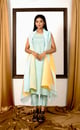 Powder Blue Kurta Set with Pleated Cape Blue/Yellow color