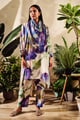Printed Purple Floral Mandarin Kurta Set with Chiffon Scarf Off White color