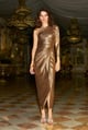 One Shoulder Metallic Lace Column Gown Gold color