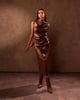 Mocha Faux Leather Calf Length Drape Dress Brown color