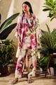 Printed Pink Floral Mandarin Kurta Set with Chiffon Scarf Off White color