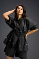 Black Butterfly Embellished Drawstring Shirt & Shorts Set Black color