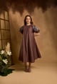 Brown Roman Silk Fit and Flare Midi Dress with Embroidered Sleeves - An'era by Asmita Verma - Image 1