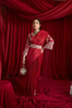 Pleated Skirt Saree with Bell Sleeve Blouse & Belt Red color