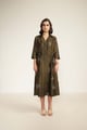 Olive Printed Side Gathered Shirt Dress in Silk Chanderi Olive color