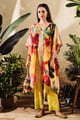 Cotton Silk Print Floral Faded Kaftan and Pant Set Yellow color