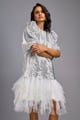 White Shimmer Dress with Puff Sleeves & Tulle Hem Silver color