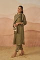 Geometry Ajrakh Pathani Set with Scarf and Potli Green color