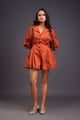 Lapel Collared Pleated Playsuit Rust Rust color