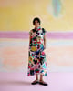 Kara Kaftan Dress in Arcade Print White/Blue/Yellow color