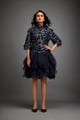 Floral Patterned Dress with Layered Ruffled Sheer Bottom Navy Blue color