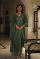Glass Beaded Suit Set Bottle Green color