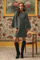 Mettalic Plaid Tweed Dress Green color