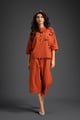 Rust Butterfly Embellished Half-Placket Top & Wide-Leg Culottes Set Rust color