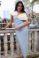 Figure Form Bandage Asymmetric Strap Knit Midi Dress Light Blue color