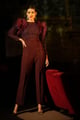 Wine Sequin Feather Jumpsuit Wine color