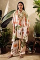 Scarf Chiffon Printed Botanical Mandarin Kurta Pant Set Beige color