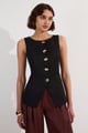 Linen Viscose Tailored Statement Button Front Waistcoat Black color