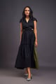 Lapel Collar Long Dress with Side Cutouts Black/Green color