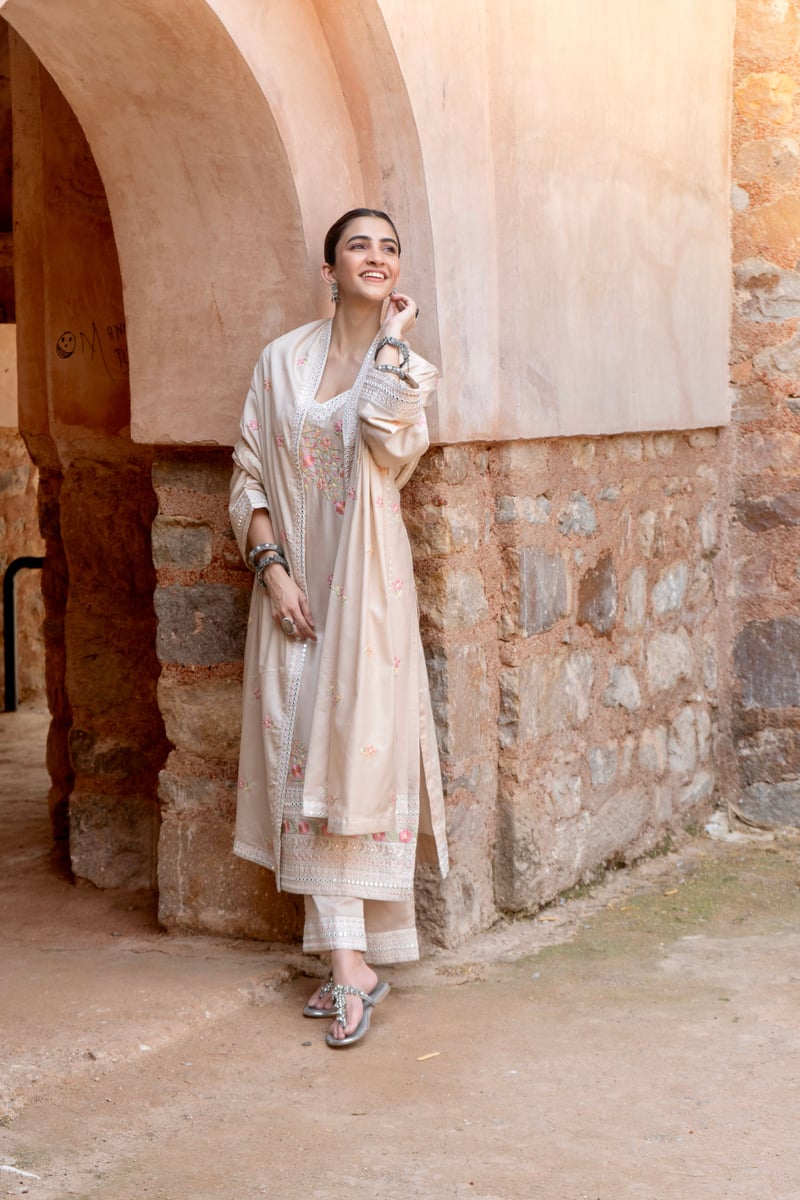 Beige Cotton Embroidered Straight Kurta Set With Dupatta — NARAYANI VASTRA