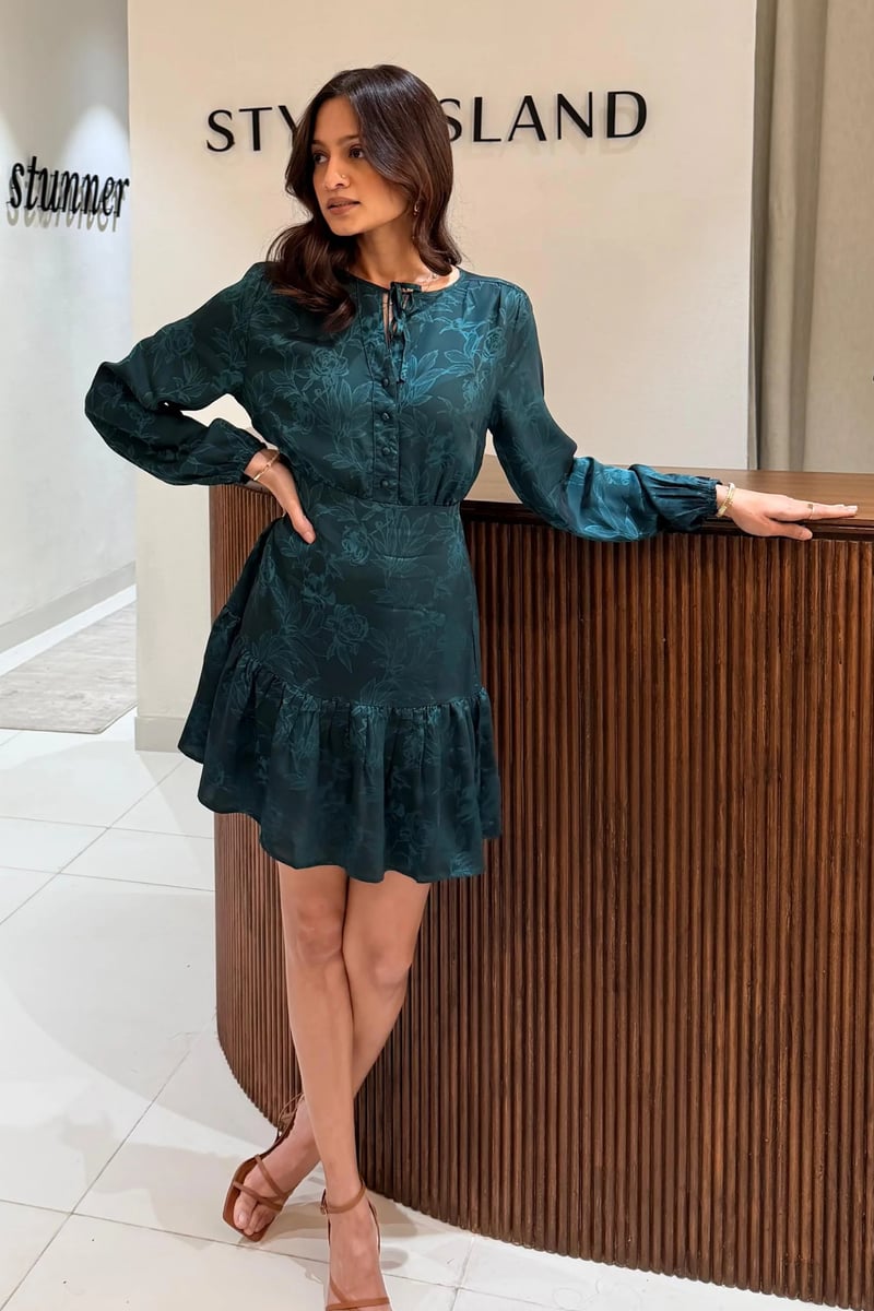 Green Floral Jacquard Tiered Mini Dress — Style Island