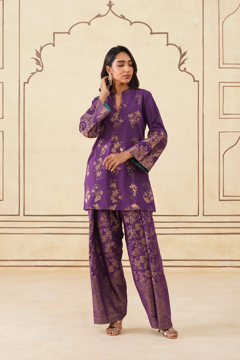 15337 Wine Brocade Farshi Set